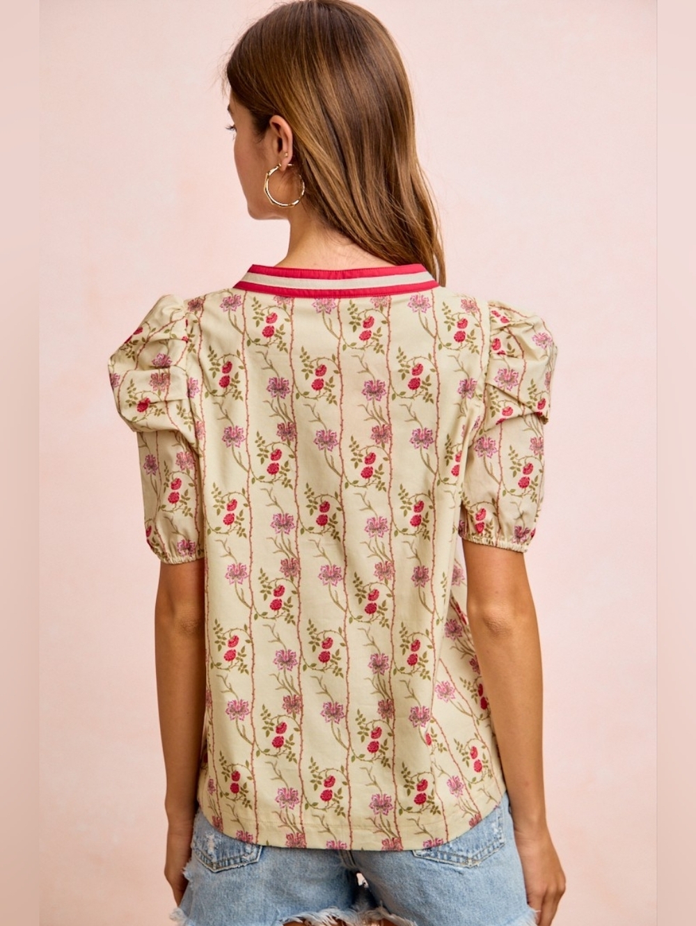 BiBi Floral Gather Sleeves Contrast Neckband Blouse Top- Cream And Pink - Picture 6 of 9